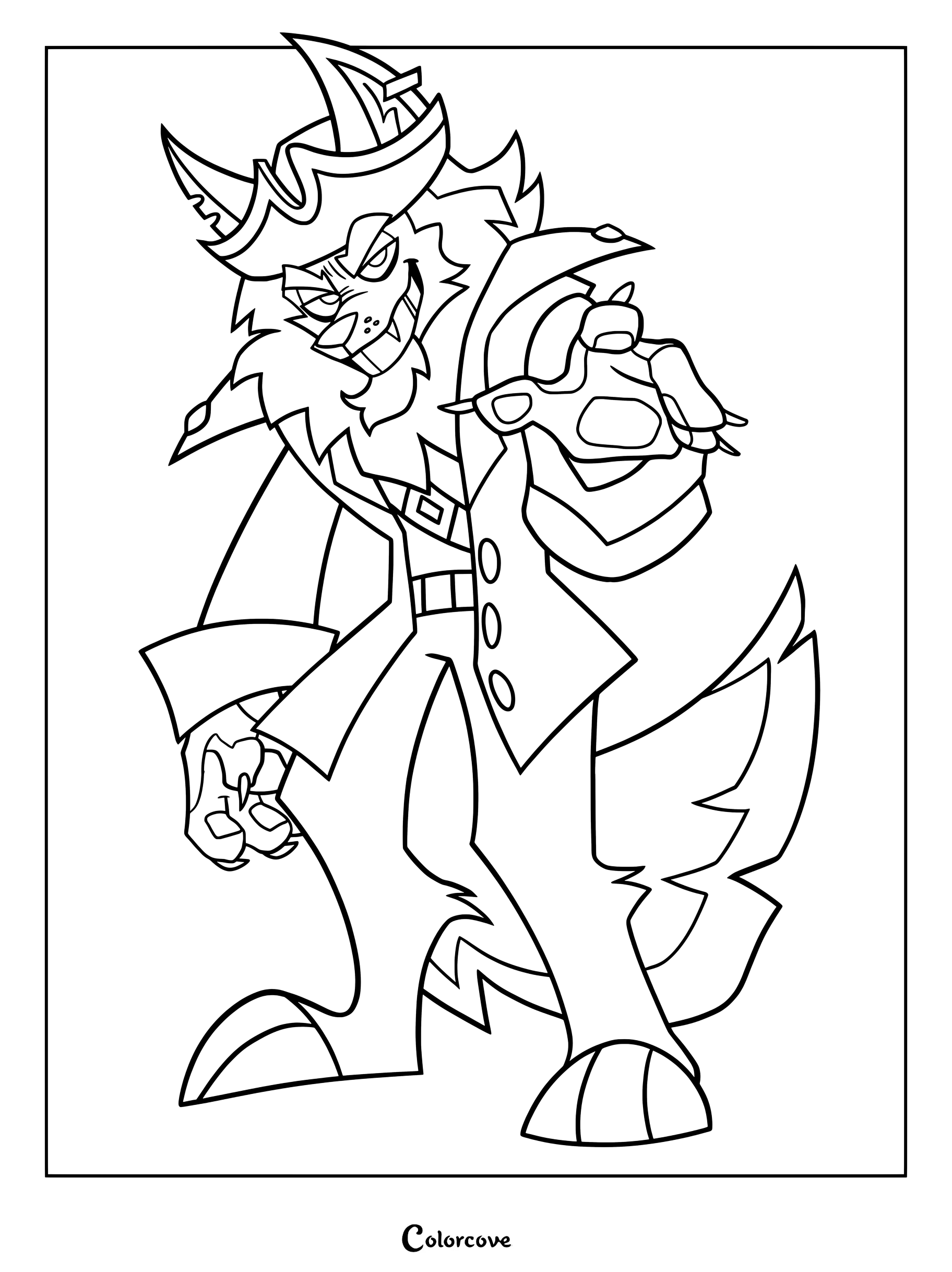 Detailed coloring page of Skurv the Coyote from Indigo Park reaching forward with a menacing grin.