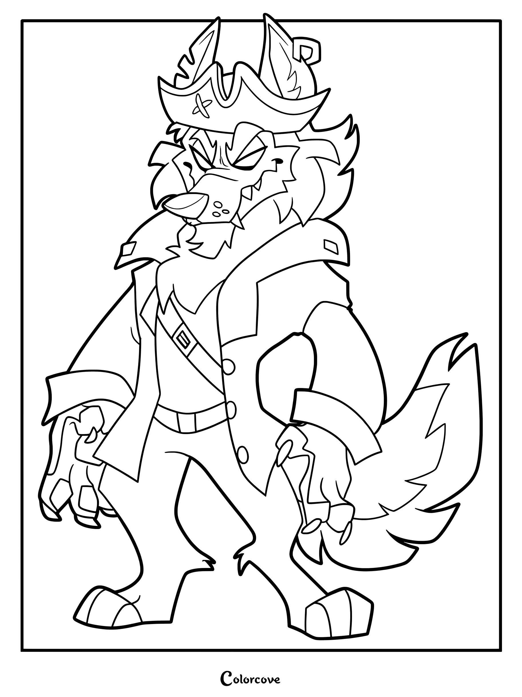 Medium difficulty coloring page of Skurv the Coyote wearing a pirate hat and coat with a mischievous grin.
