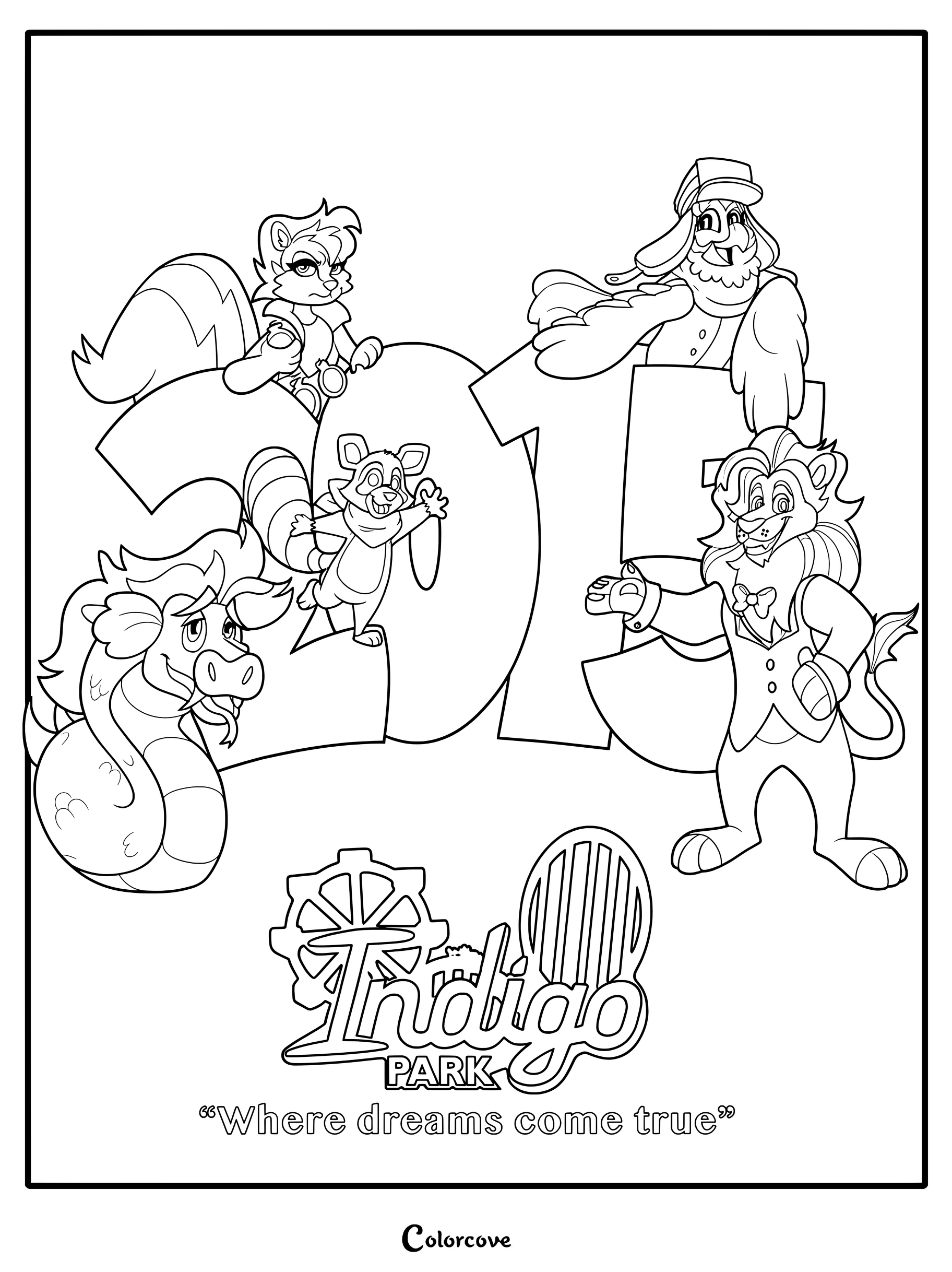 Detailed coloring page featuring Finley, Rambley, Salem, and Lloyd with 2015 Indigo Park merchandise branding.