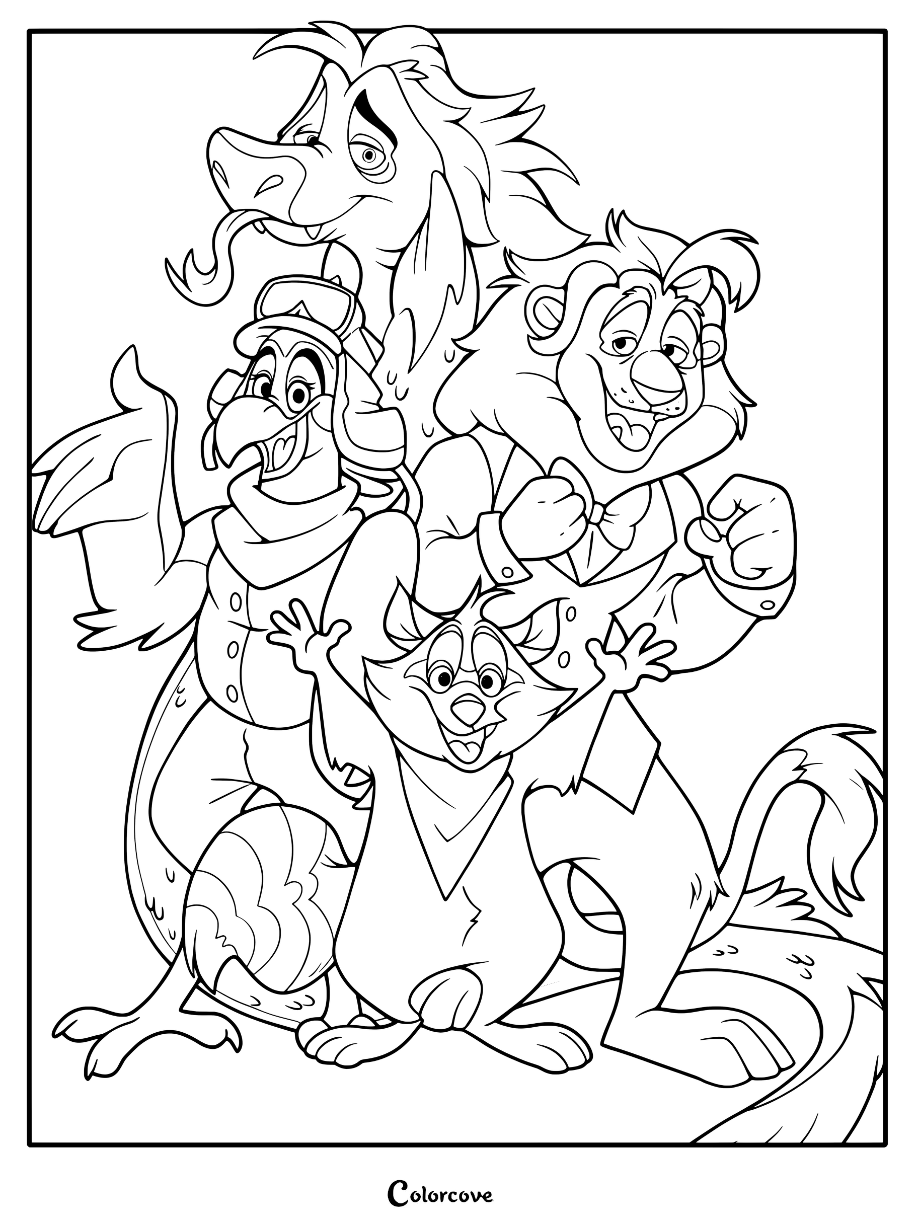 Detailed coloring page featuring Rambley the Raccoon, Mollie Macaw, Finley the sea serpent, and Lloyd the Lion together.