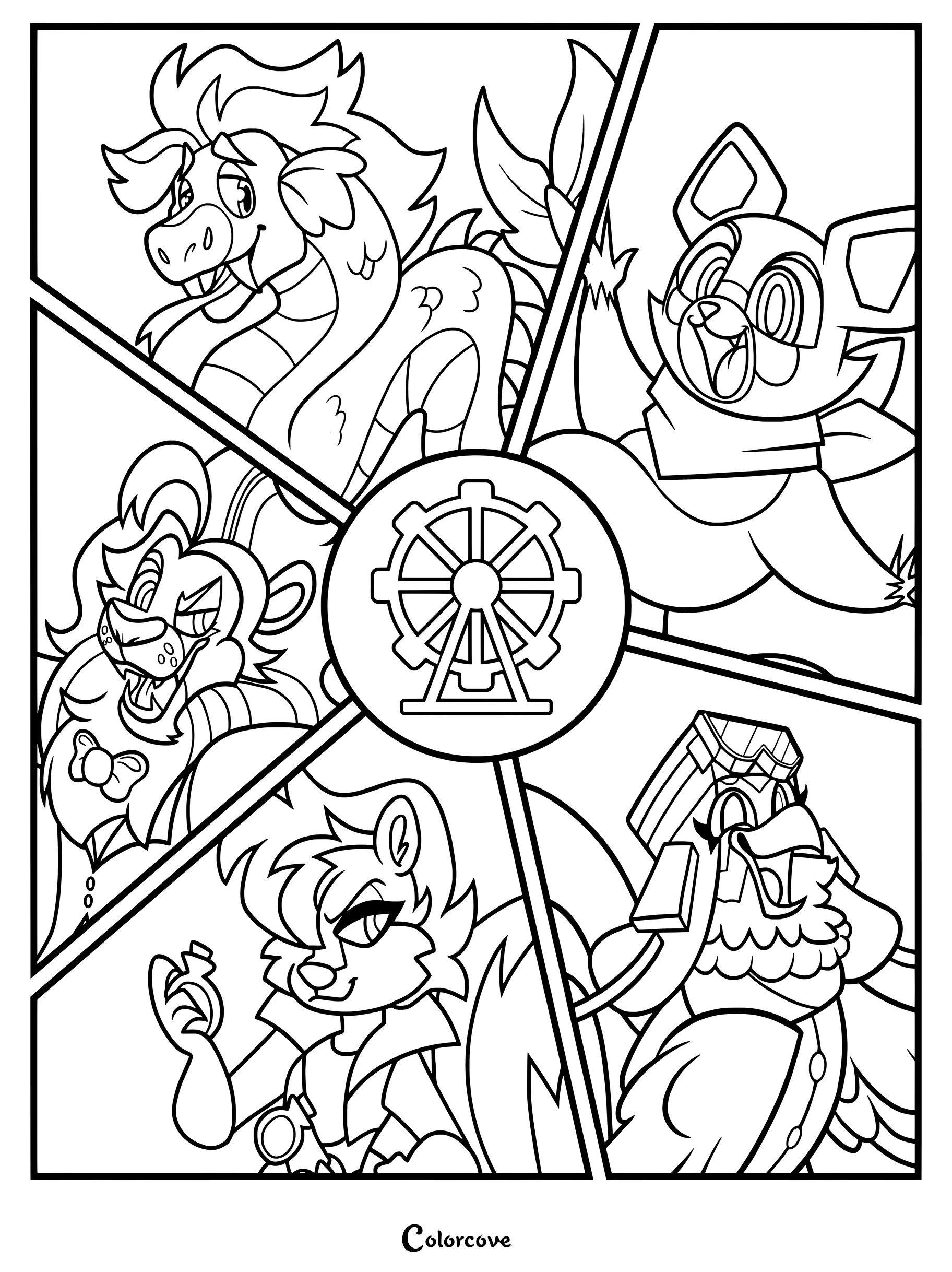 Detailed coloring page featuring Rambley the Raccoon, Lloyd the Lion, and Finley the Sea Serpent in a collage layout.