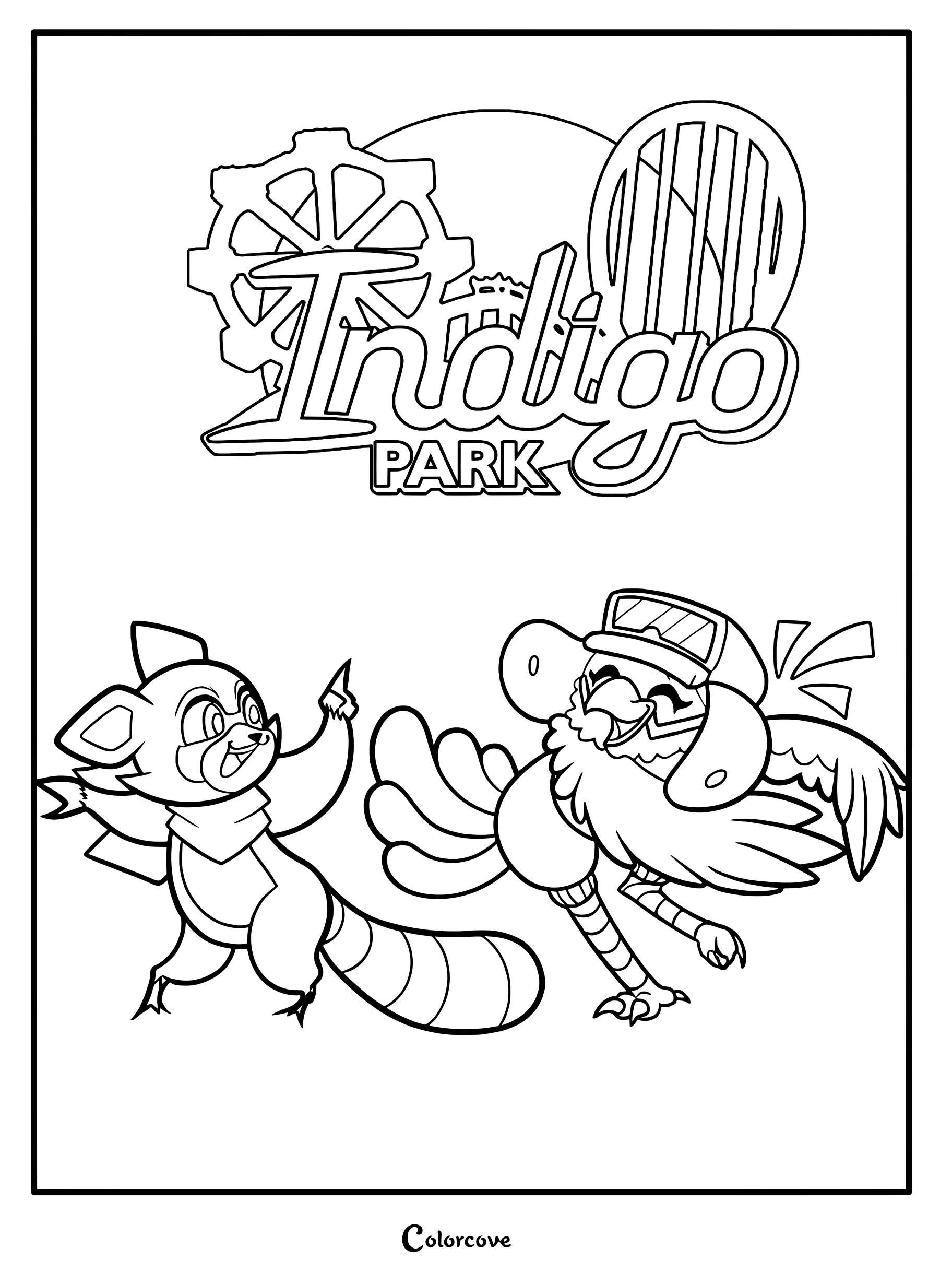 Detailed Indigo Park Chapter 1 soundtrack cover coloring page featuring Rambley and Mollie Macaw.