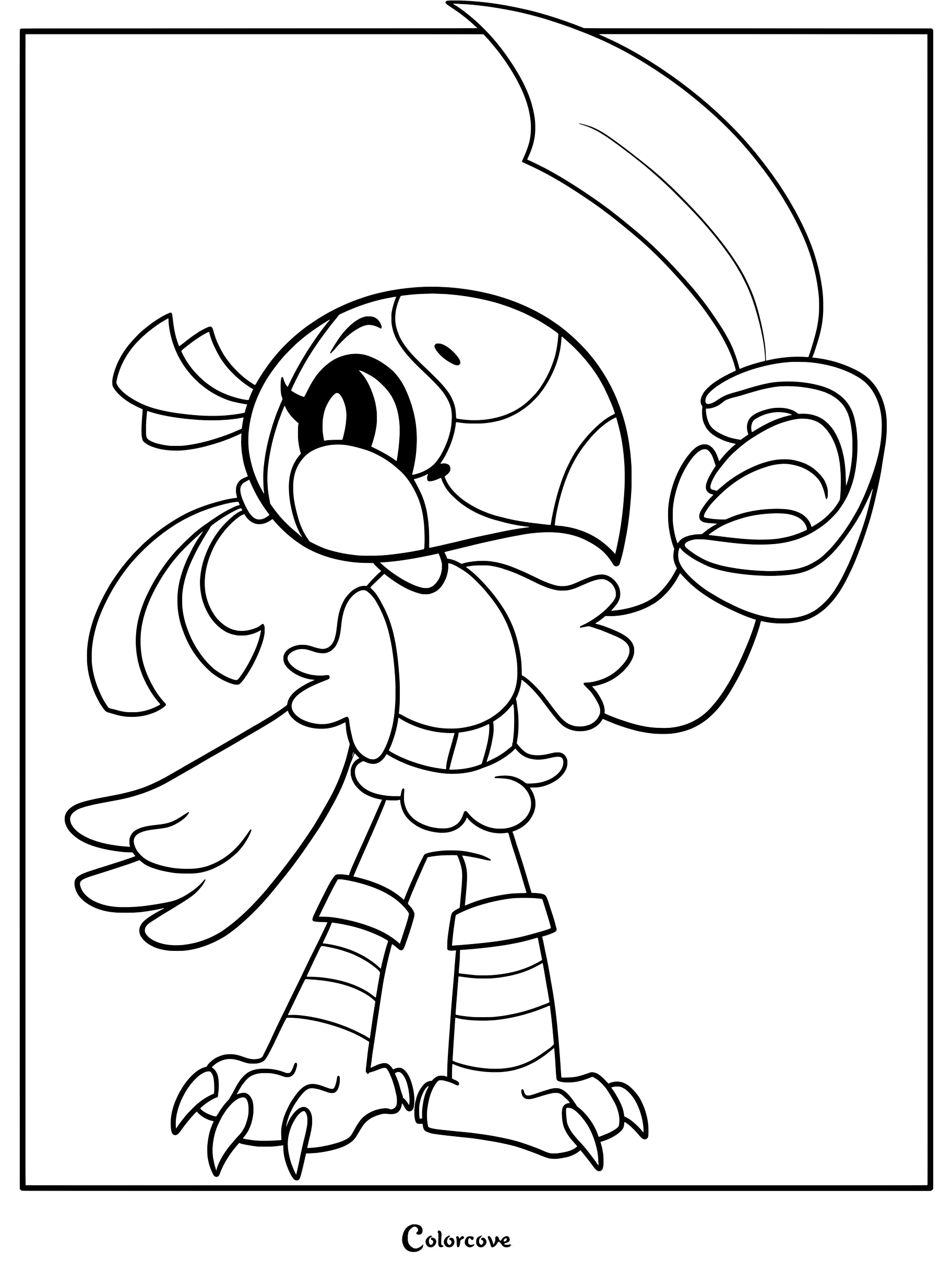 Medium difficulty coloring page of Tiki the Toucan dressed as a pirate holding a curved sword.