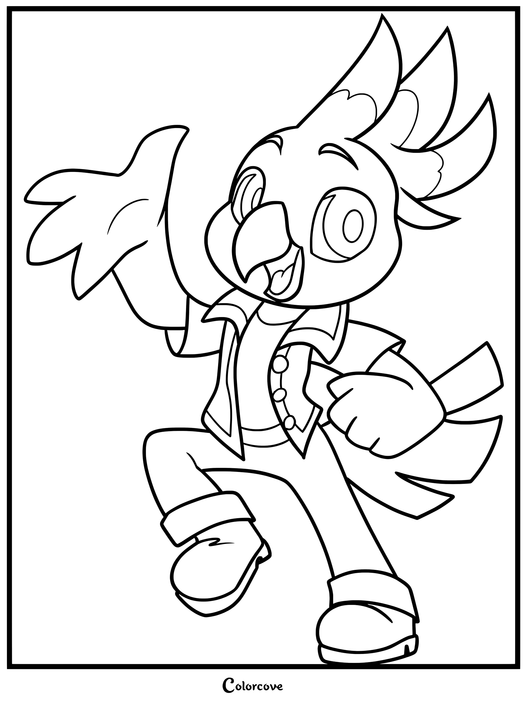 Simple coloring page of Chip the Cockatoo from Indigo Park waving hello with a friendly smile.