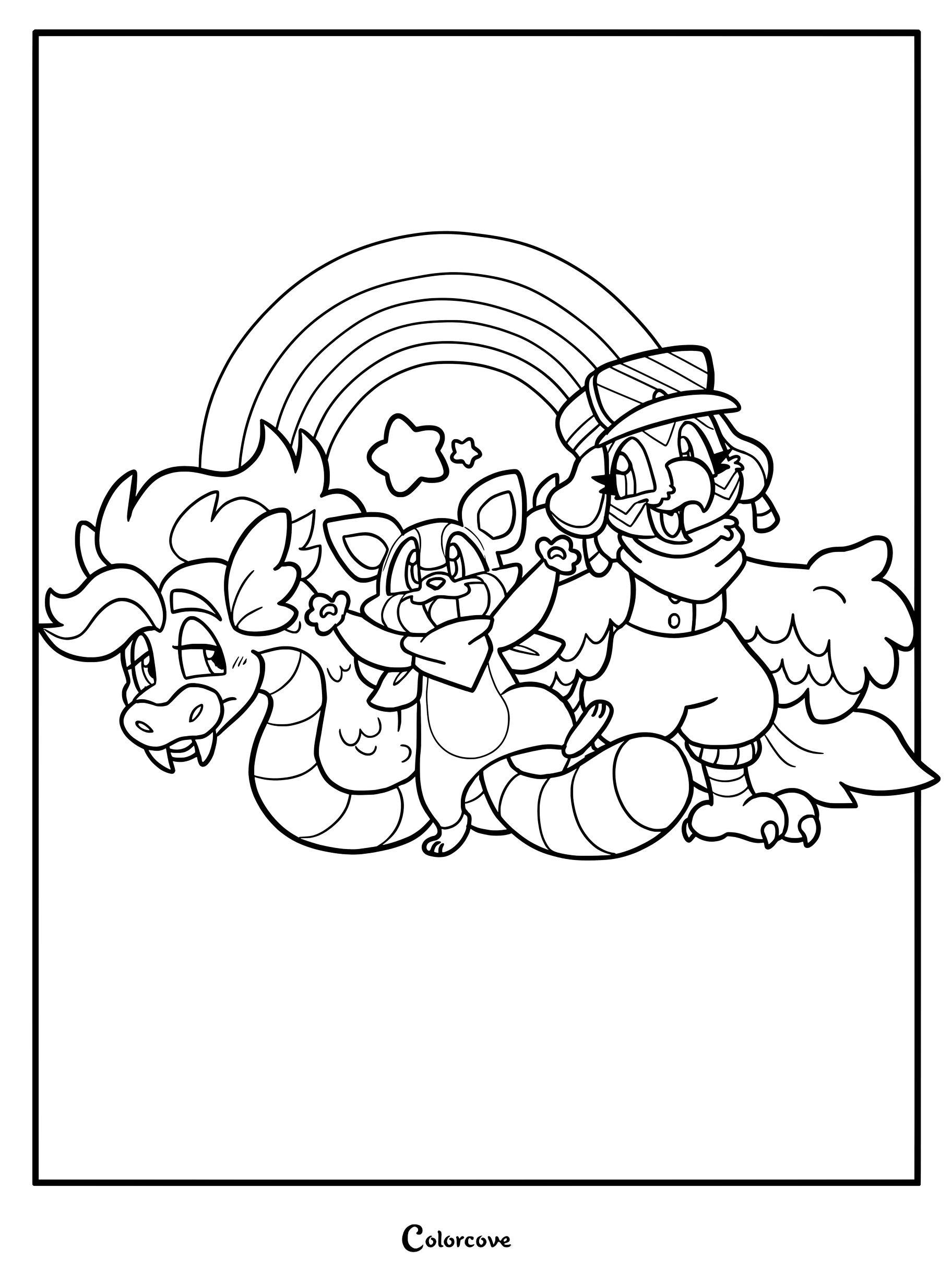 Detailed coloring page featuring Finley the Sea Serpent, Rambley the Raccoon, and Mollie Macaw with a rainbow background.
