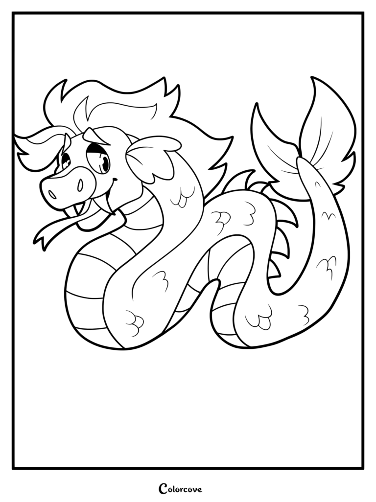 Dibujo sencillo para colorear de Finley la Serpiente Marina con un cuerpo largo y serpenteante y una expresión amigable.