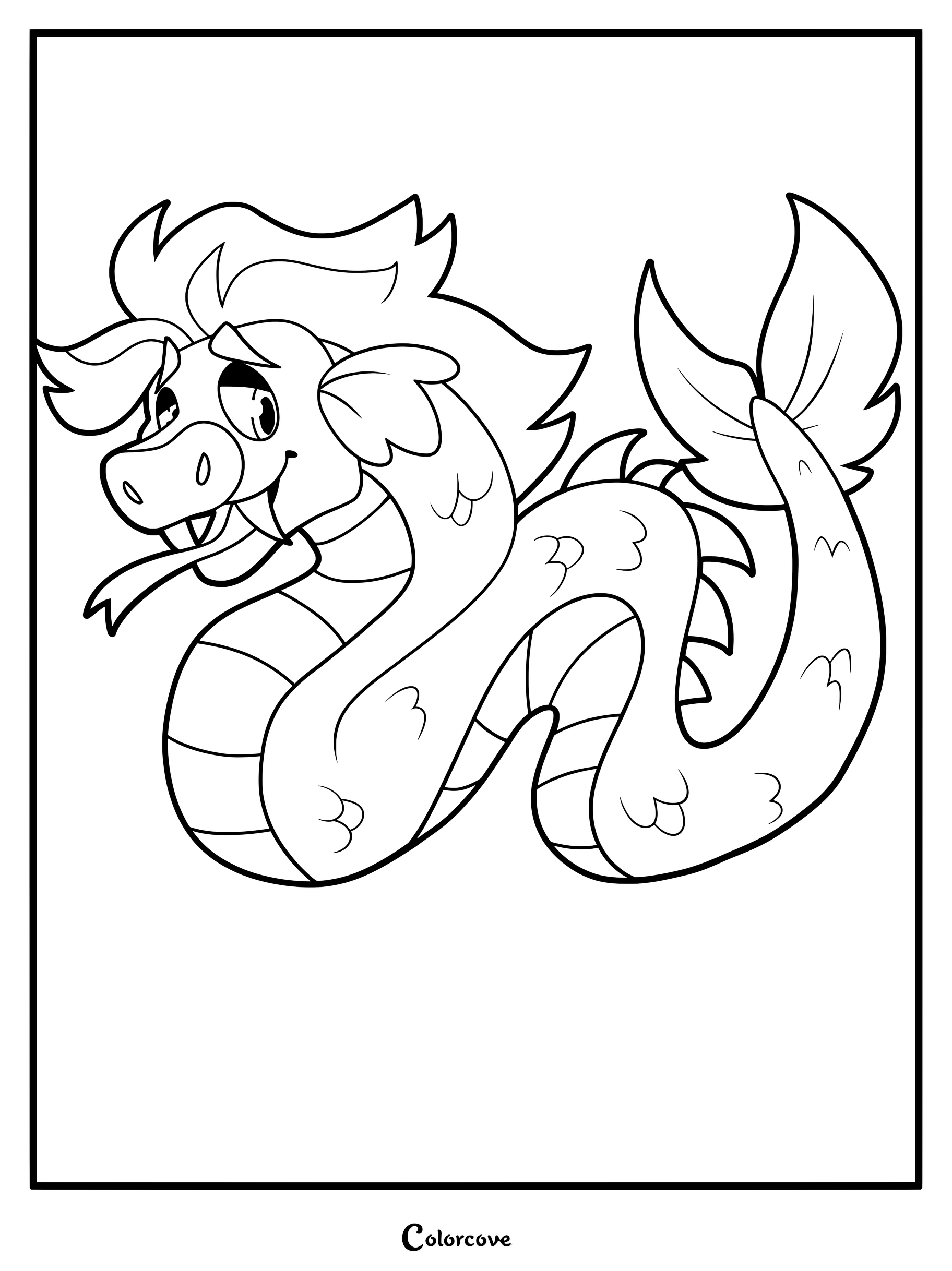 Simple coloring page of Finley the Sea Serpent with a long, winding body and a friendly expression.