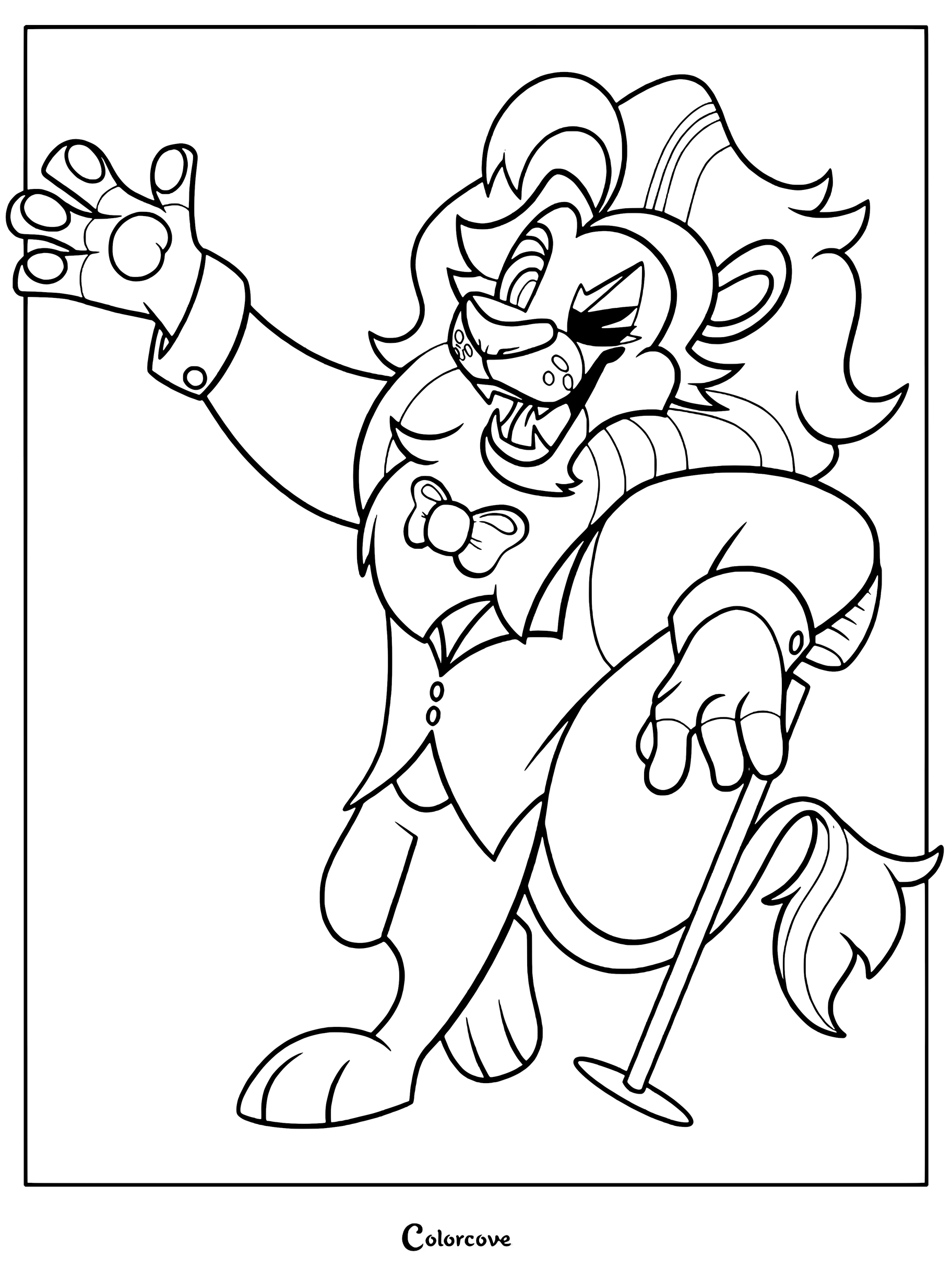 Lloyd The Lion from Indigo Park waving and holding a cane in this medium difficulty printable coloring page.