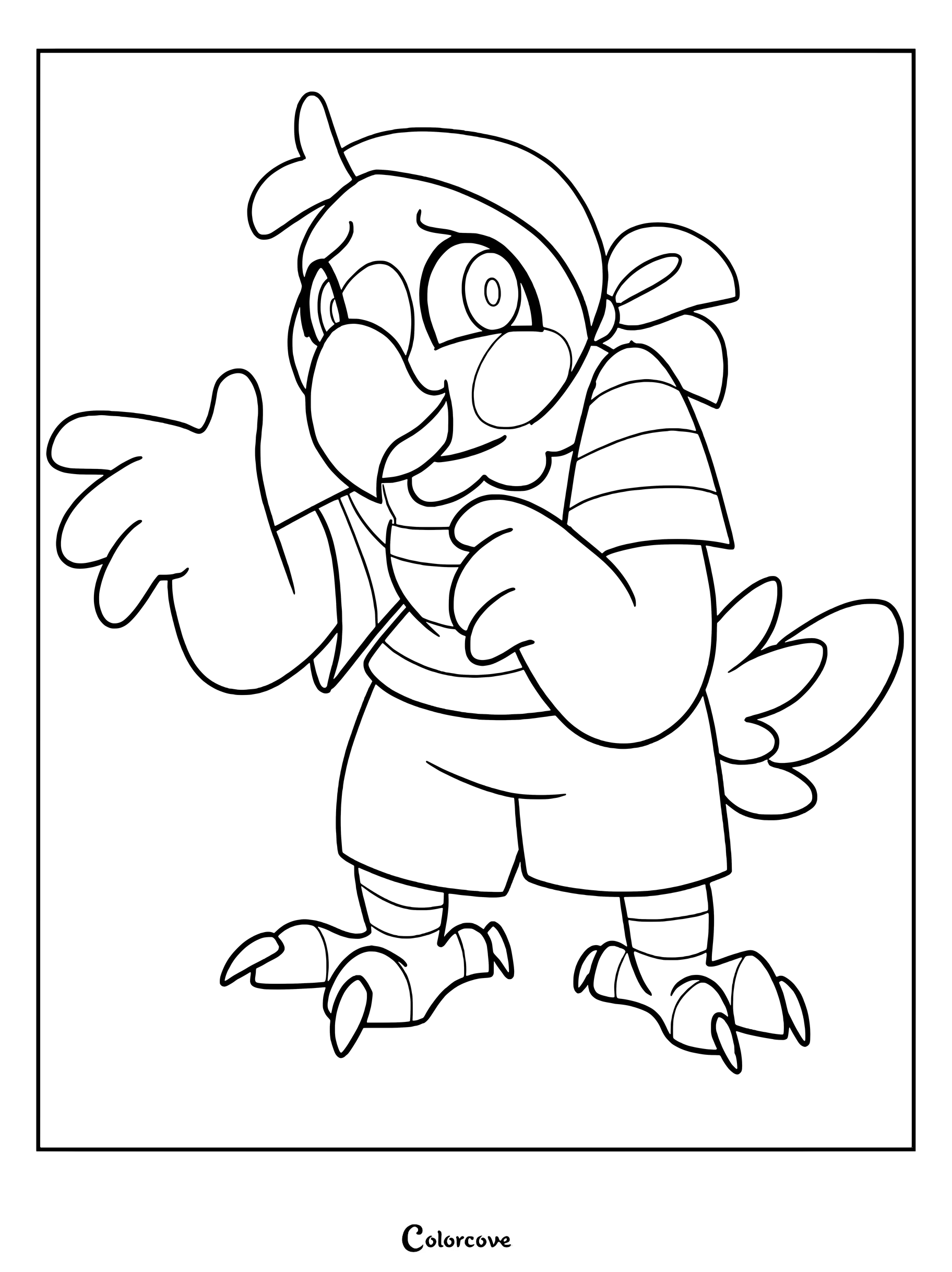 Simple coloring page of Pip the Parrot wearing a bandana and striped shirt, gesturing with his wing.