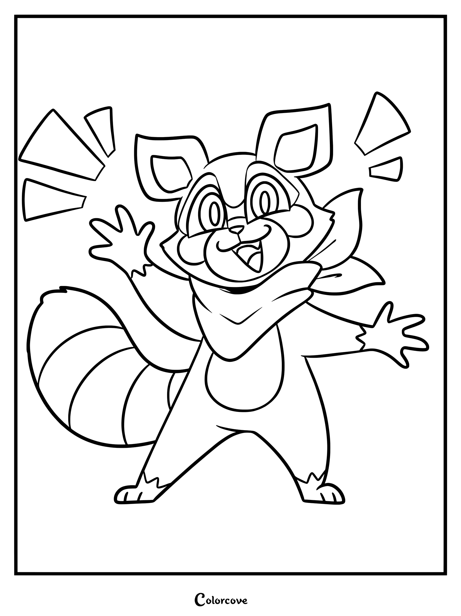 Simple coloring page of Rambley the Raccoon waving happily with exclamation marks in the background.