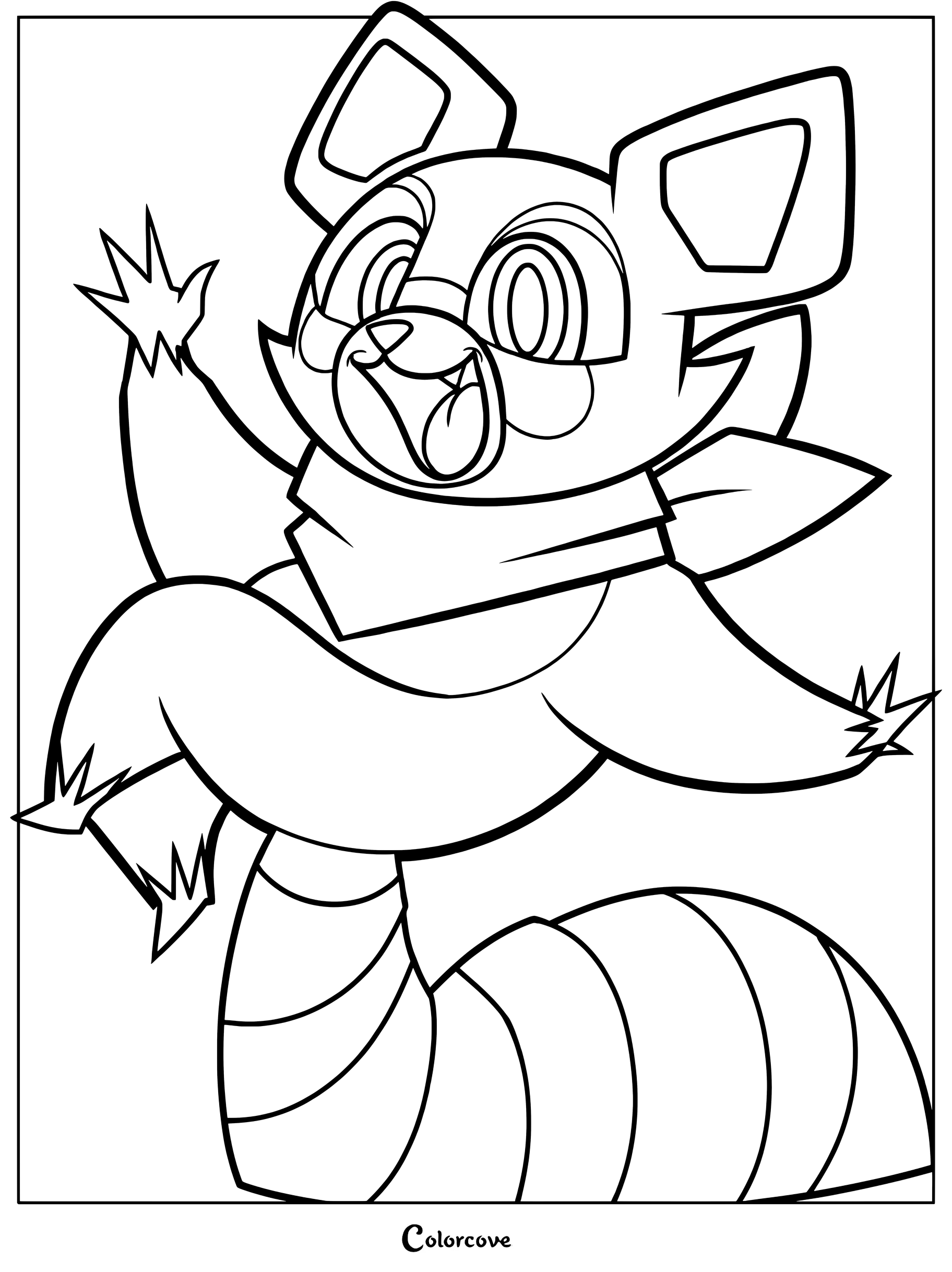 Simple coloring page of Rambley the Raccoon waving happily with his signature scarf and striped tail.