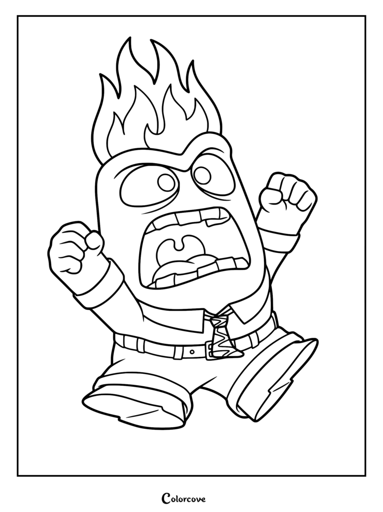 Anger from Inside Out with flames on his head and fists raised in a printable coloring page.