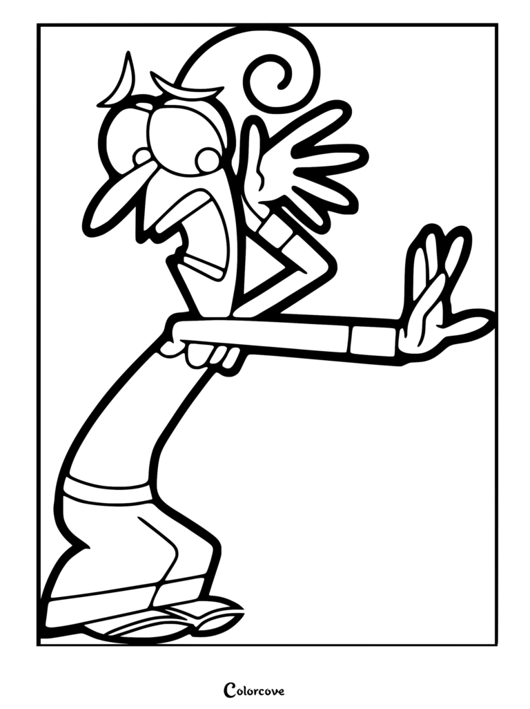 Fear from Inside Out with a panicked expression and hand held up in a stop gesture, detailed line art coloring page.