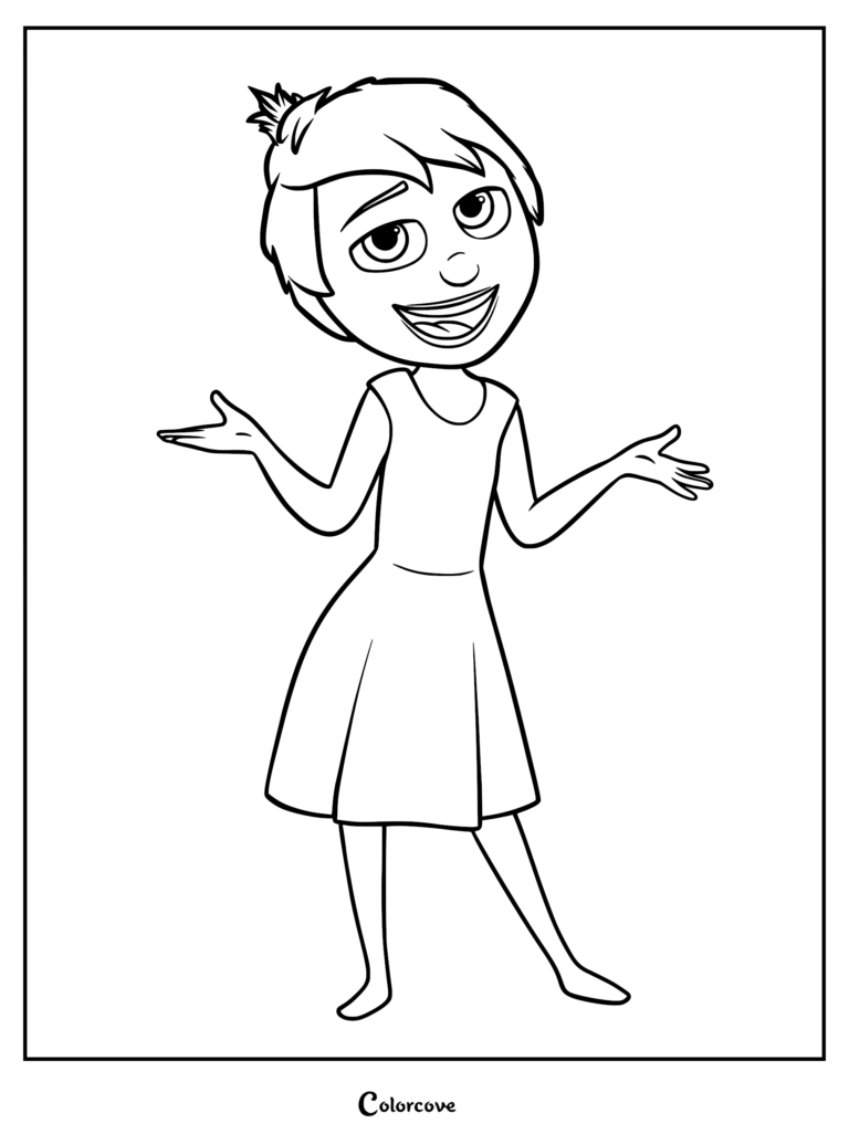 Joy from Inside Out with her hair in a pixie cut, smiling with arms outstretched in a friendly gesture, featured on a printable coloring page.