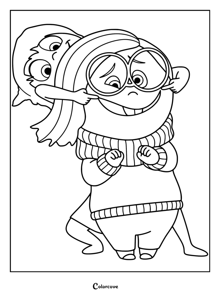 Joy playfully pulling on the corners of Sadness's mouth to make her smile in this Inside Out coloring page.