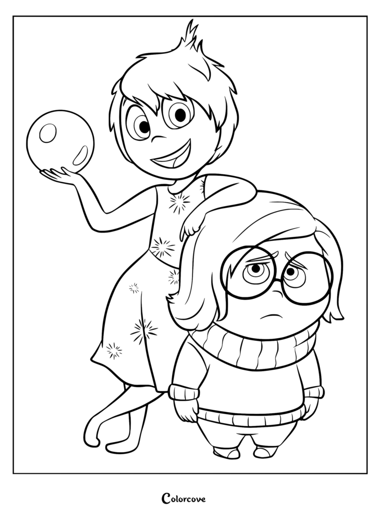 Joy holding a core memory sphere while leaning on Sadness in this printable Inside Out coloring page.