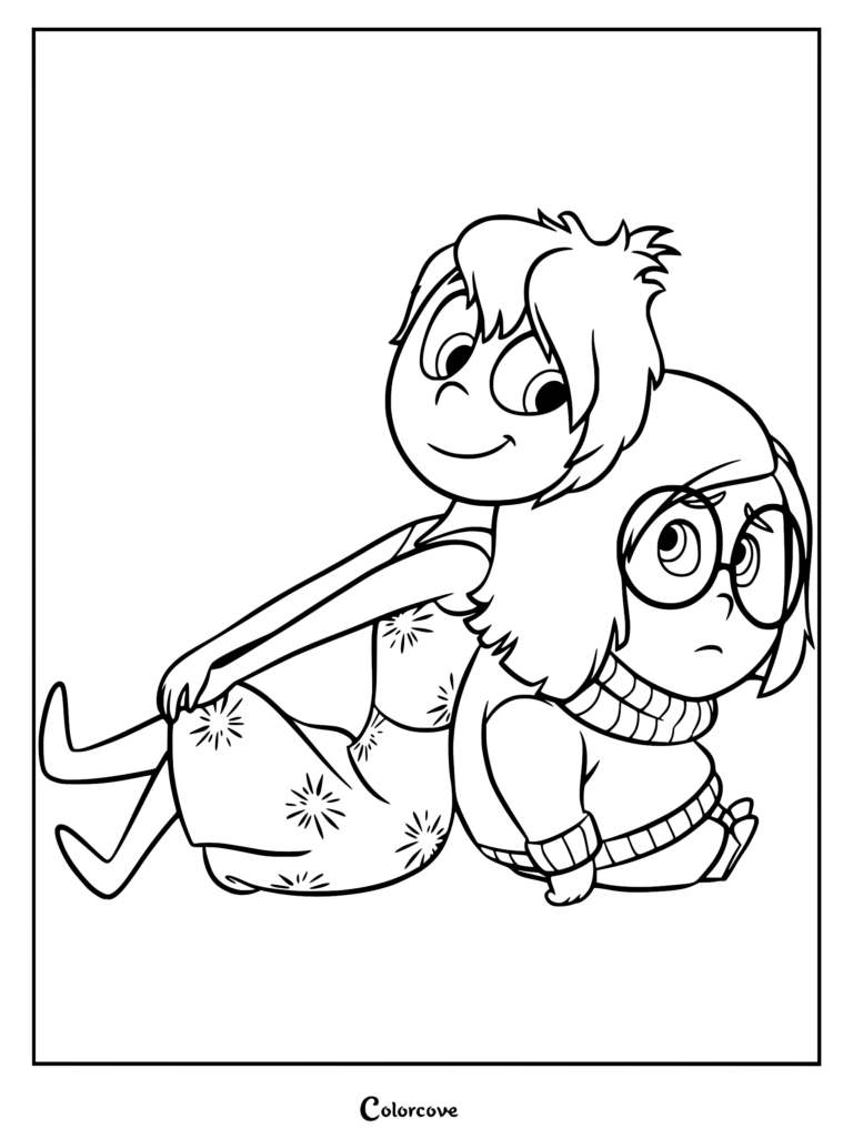 Joy and Sadness sitting back-to-back in this printable Inside Out coloring page