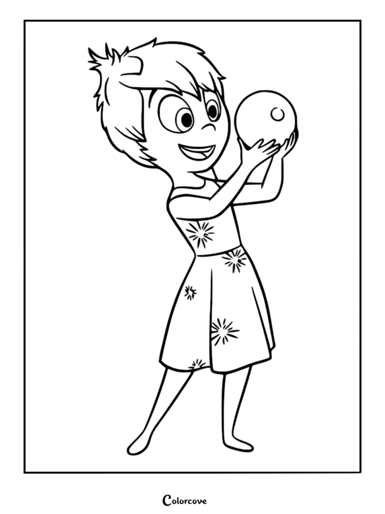 Joy from Inside Out holding a glowing memory sphere in this printable coloring page.