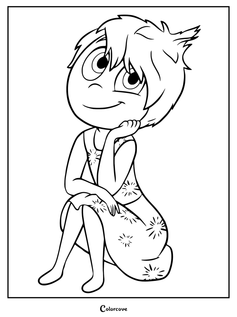 Joy from Inside Out sitting with her chin resting on her hand in this printable coloring page.