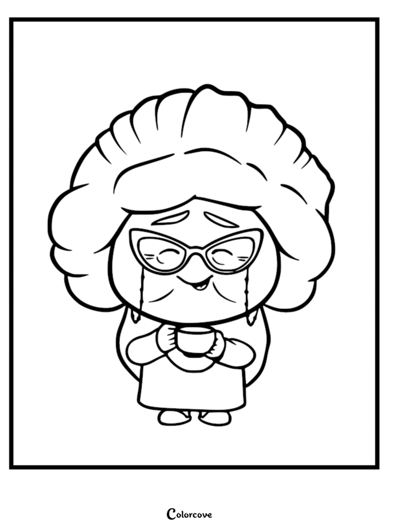 Nostalgia from Inside Out holding a small cup, featured in a printable coloring page.