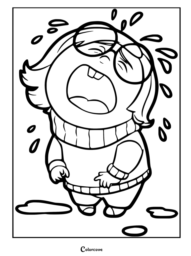 Sadness from Inside Out wearing glasses and a turtleneck sweater, crying with large tears, printable coloring page.