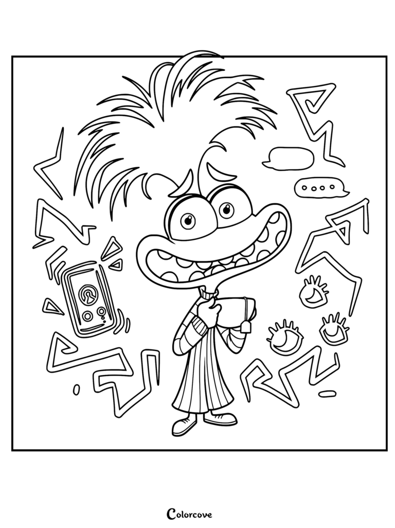 Anxiety from Inside Out holding a phone surrounded by jagged lines and speech bubbles in this printable coloring page.