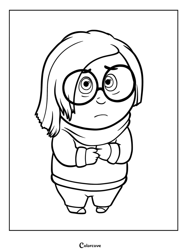 Sadness from Inside Out wearing round glasses and a turtleneck sweater in a printable coloring page.