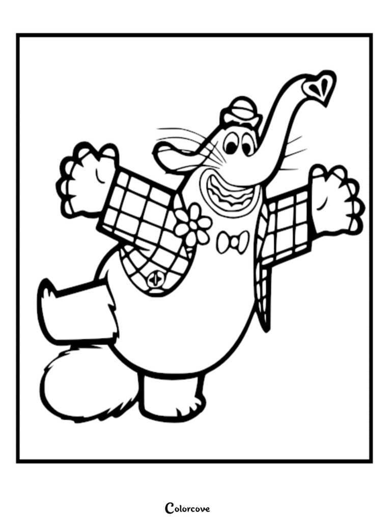 Bing Bong from Inside Out wearing a plaid jacket and hat in this printable coloring page.