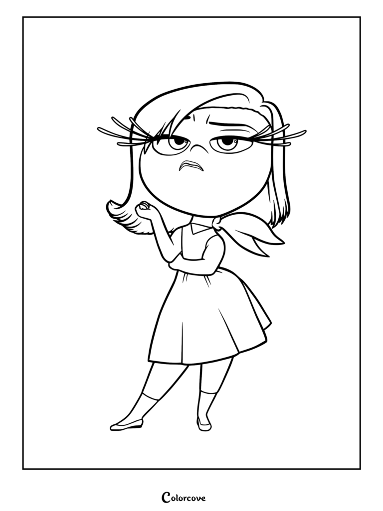 Disgust from Inside Out with long eyelashes and a scarf in a printable coloring page format.