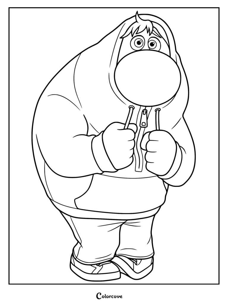 Embarrassment from Inside Out wearing a large hoodie and pulling the strings, printable coloring page.
