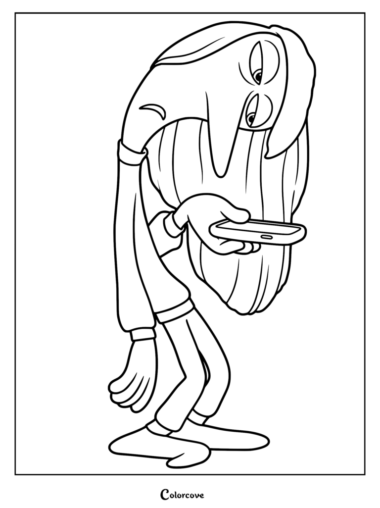 Ennui from Inside Out looking bored while holding a smartphone in this printable coloring page.