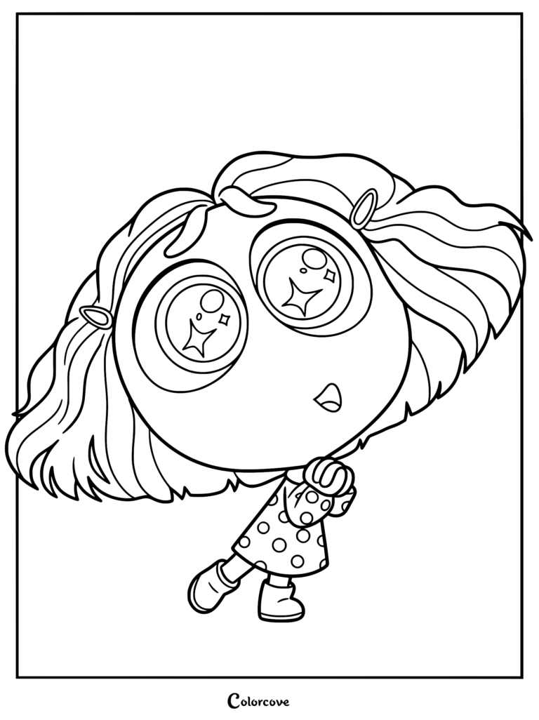 Envy from Inside Out with large sparkling eyes and a polka dot dress in a printable coloring page.