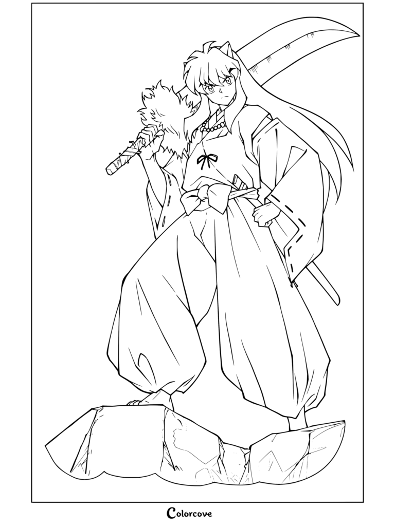 Coloriage d'Inuyasha tenant Tenseiga fièrement debout sur un rocher, représentant le héros demi-démon dans sa tenue classique.