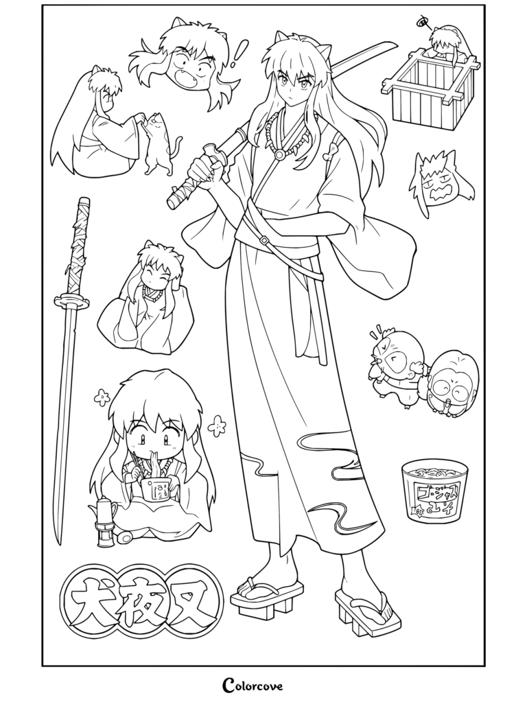 Coloriage à imprimer d'Inuyasha tenant Tessaiga et vêtu d'un kimono sombre, entouré d'autocollants chibi.