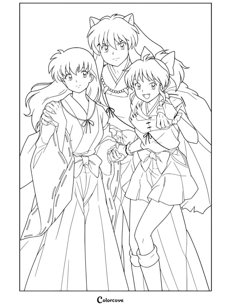 Coloriage d'Inuyasha, Kagome et Moroha souriant ensemble