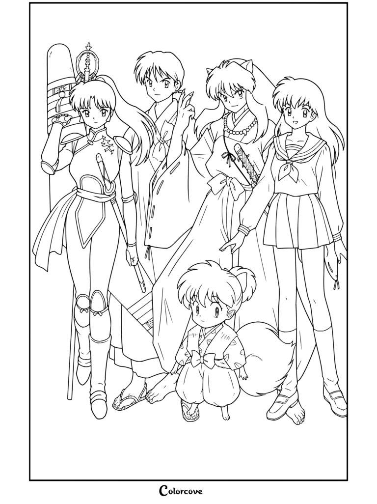 Coloriage Inuyasha mettant en scène Inuyasha, Kagome, Sango, Miroku et Shippô dans une pose de groupe.