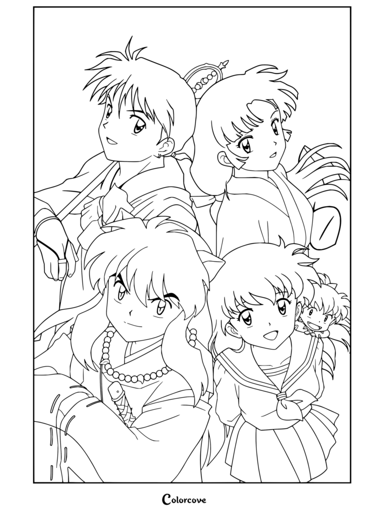 Coloriage avec un portrait de groupe d'Inuyasha, Kagome, Sango, Miroku et Shippô réunissant les personnages principaux.