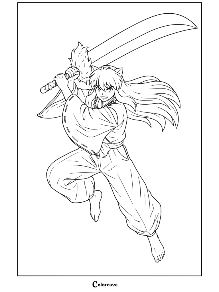 Coloriage Inuyasha montrant Inuyasha maniant Tessaiga dans sa robe rouge, prêt au combat.