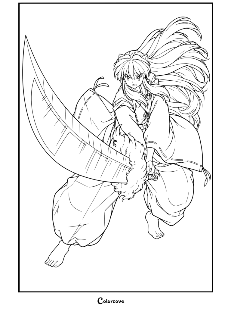 Coloriage à imprimer d'Inuyasha maniant Tessaiga pour préparer l'attaque de la Cicatrice du Vent.