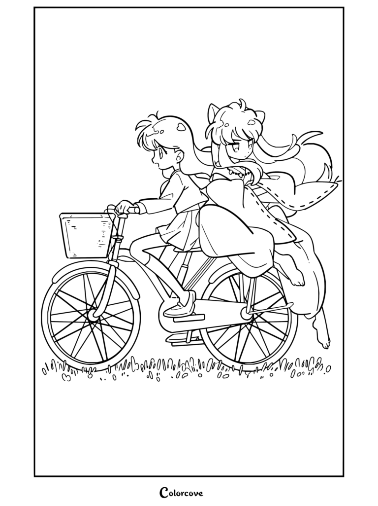 Coloriage à imprimer d'Inuyasha montrant Kagome à bicyclette avec Inuyasha assis à l'arrière.