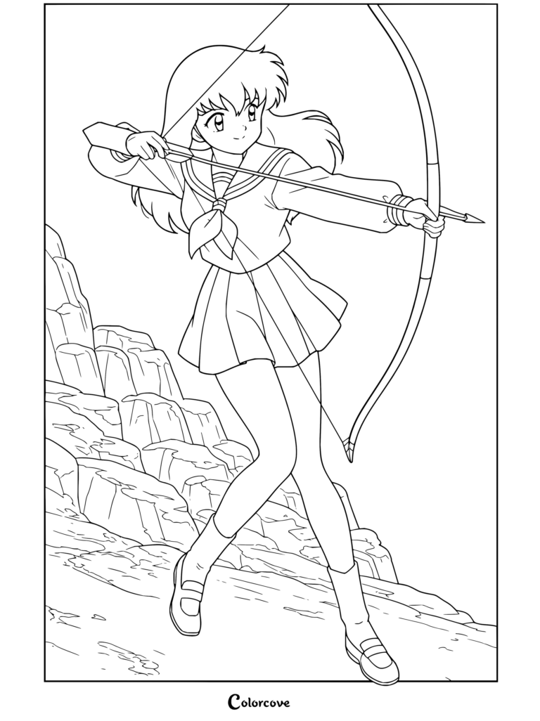 Coloriage inspiré d'Inuyasha montrant Kagome Higurashi bandant son arc au sommet d'une falaise