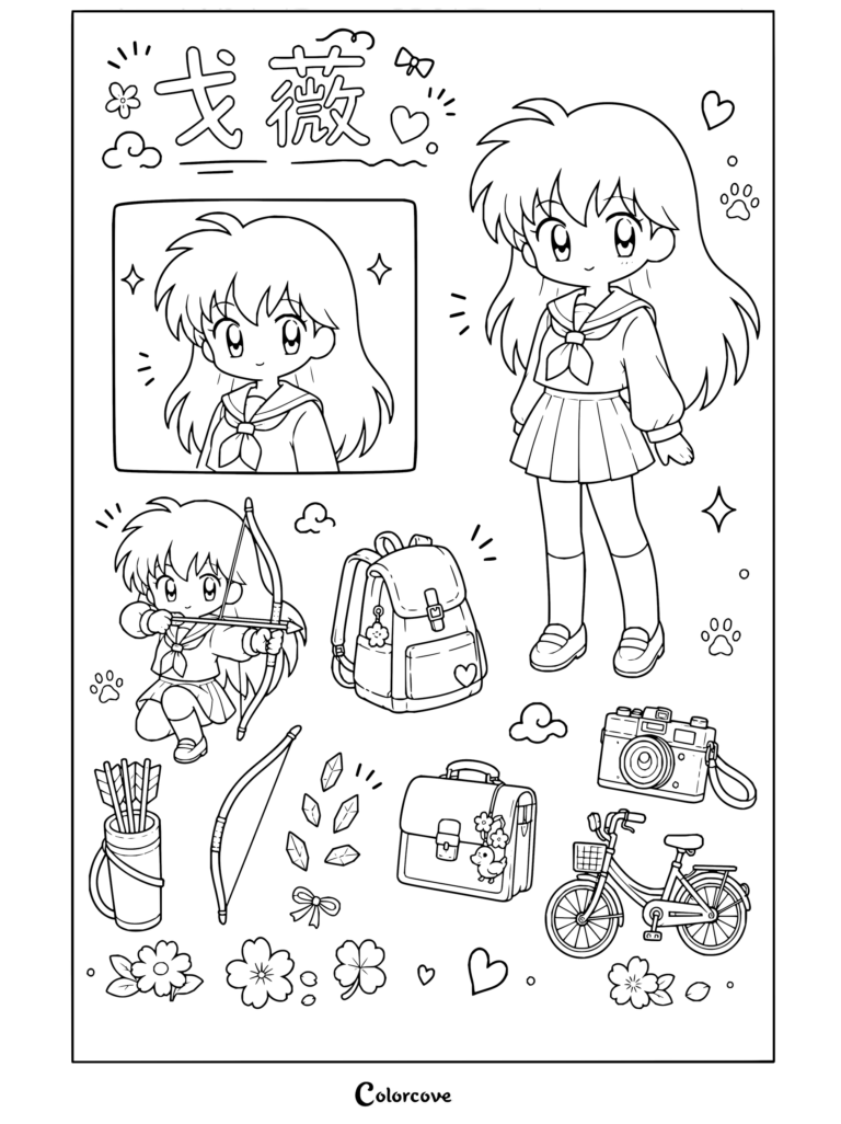 Coloriage Inuyasha présentant Kagome Higurashi dans son uniforme scolaire entourée de poses chibi, d'un arc et de flèches, d'un sac à dos, d'un appareil photo et d'une bicyclette.