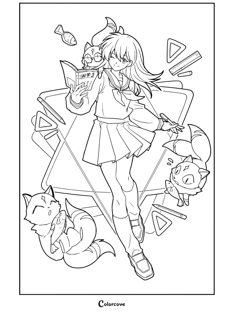 Coloriage de Kagome Higurashi en uniforme scolaire avec Kirara, des fournitures scolaires et des mangas