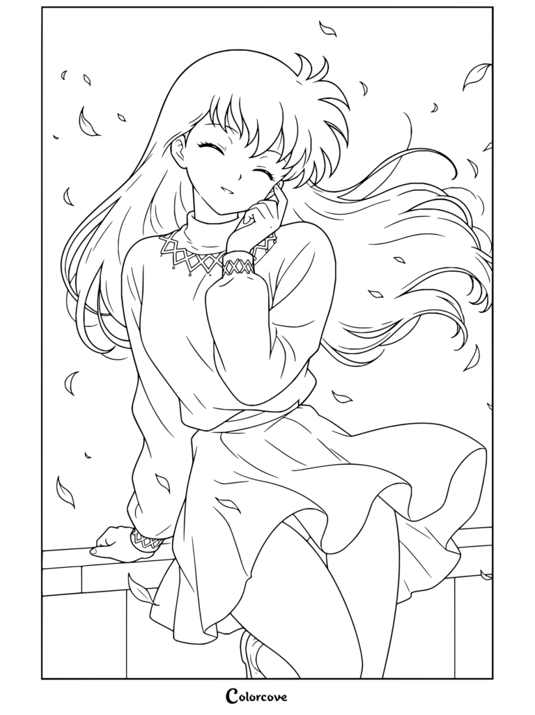 Coloriage de Kagome Higurashi assise et souriante, les longs cheveux noirs au vent, vêtue d'un pull bleu et d'une jupe bleu clair
