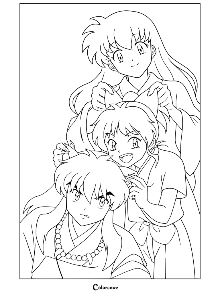 Coloriage de Kagome, Moroha et Inuyasha souriant ensemble en famille