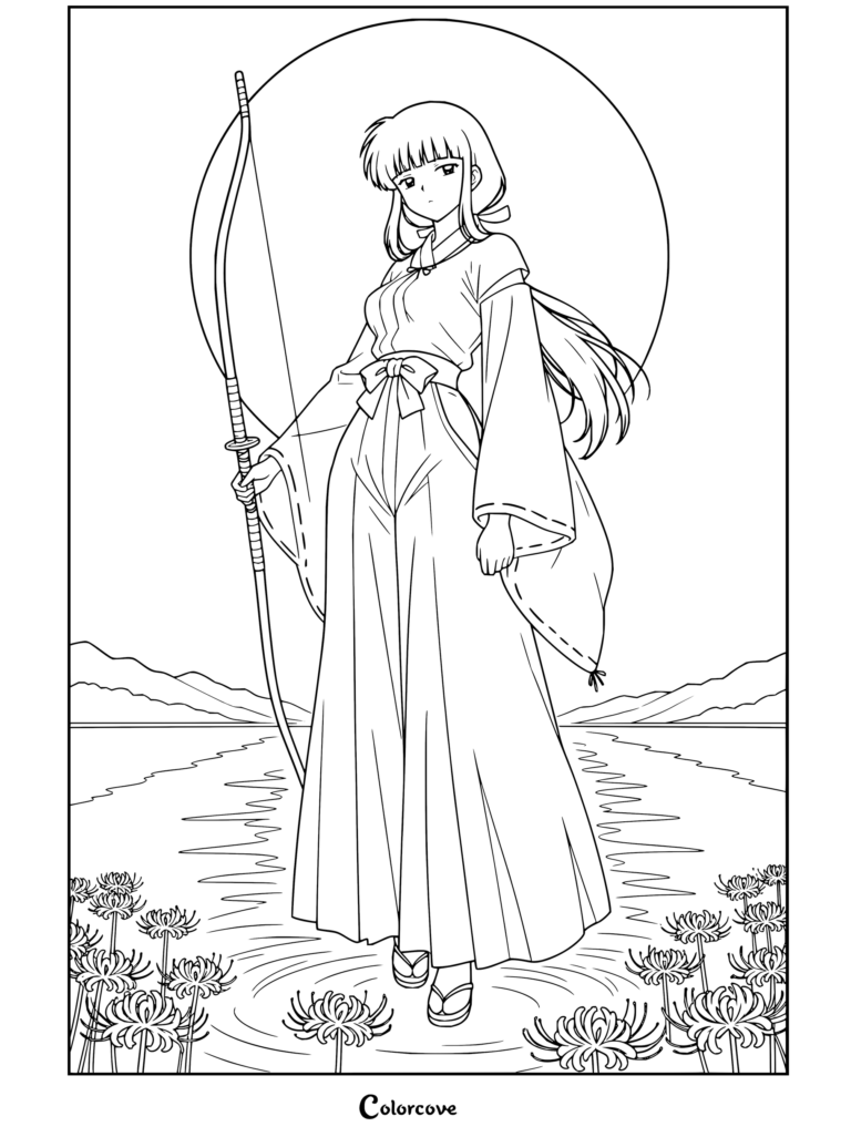 Coloriage à imprimer d'Inuyasha avec Kikyô tenant un arc devant une lune rouge sang et des lys rouges du Japon