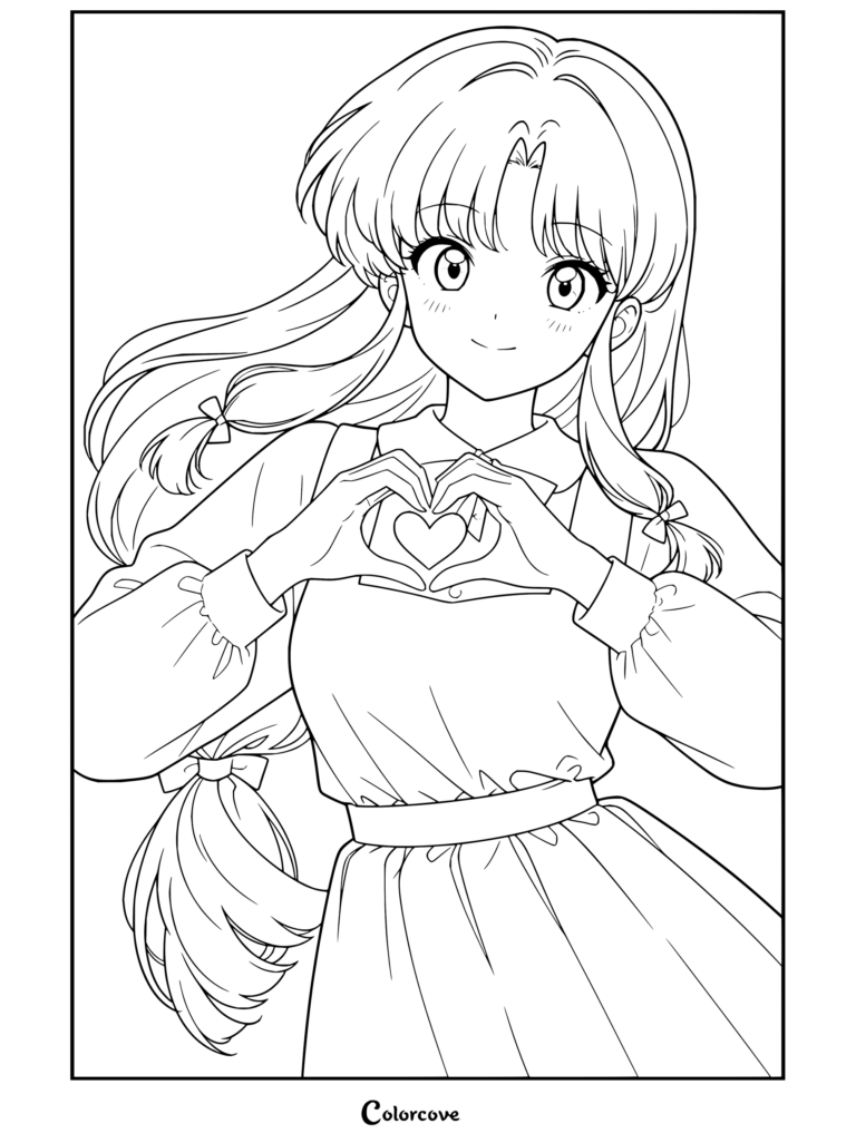 Coloriage Inuyasha mettant en valeur Kikyô formant un cœur avec ses doigts dans un style anime rétro.