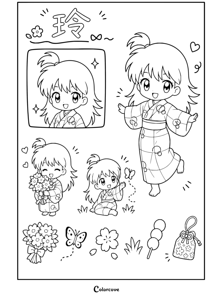 Coloriage Inuyasha montrant Rin dans des poses chibi en kimono orange, avec des fleurs, un papillon et des dangos.