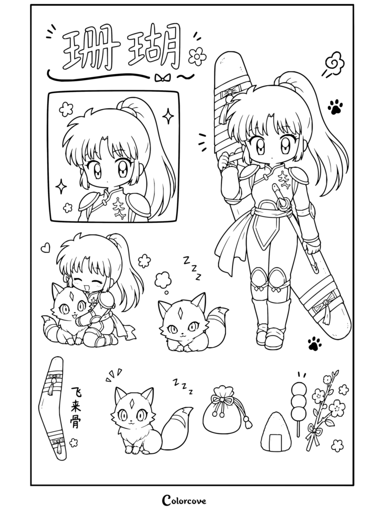 Coloriage à imprimer d'Inuyasha présentant une planche chibi de Sango et Kirara dans d'adorables poses avec leur arme Hiraikotsu.