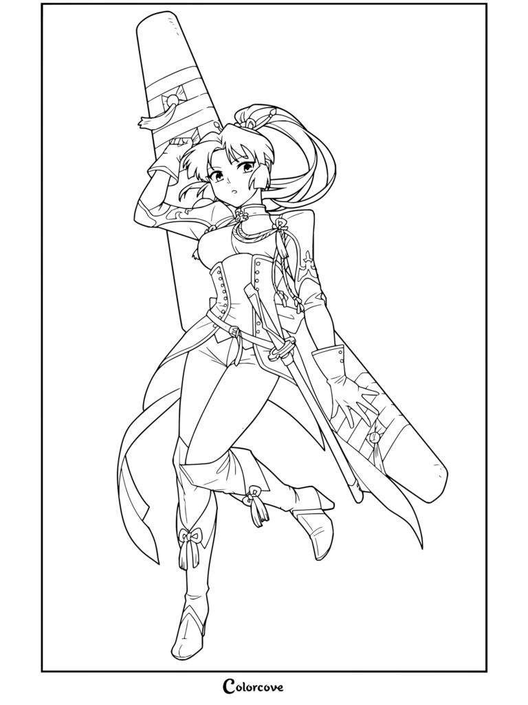 Coloriage Inuyasha montrant Sango dans une tenue alternative, tenant son arme boomerang géante Hiraikotsu.